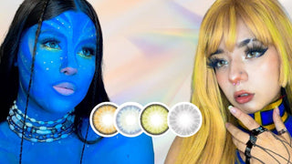 Two cosplayers wearing EyeCandys colored contact lenses to enhance their character looks
