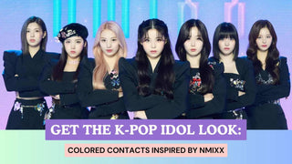 Seven members of NMIXX pose in black outfits below a banner reading Get the K-Pop Idol Look.