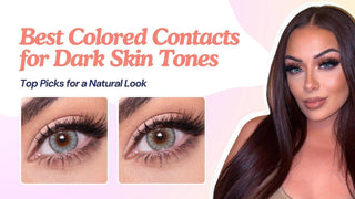 Woman with long dark hair and eye close-ups showing grey contact lenses on dark skin.
