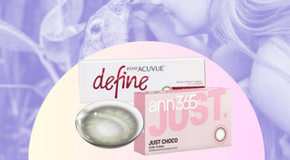 1-Day Acuvue Define and ann365 colored contacts boxes with a lens over a purple rabbit backdrop.