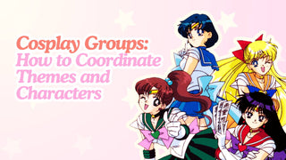 Group cosplay guide text beside Sailor Moon anime characters on a starry pink background.
