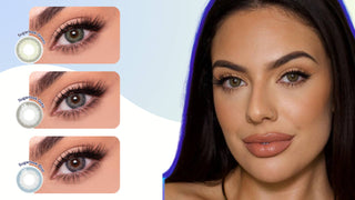 Woman wearing Sugarlook colored contacts beside close-ups of green, grey, and blue lenses on an eye.