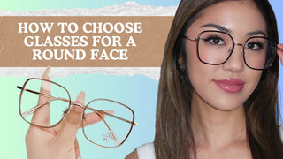 Guide on choosing glasses for a round face featuring a woman wearing oversized square frames and a hand holding similar eyeglasses.