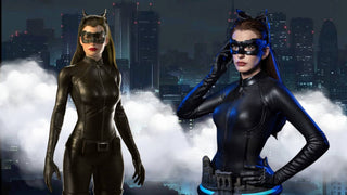 Woman wearing a black cat cosplay costume with an eye mask and cat ear goggles against a nighttime city.