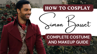 Simon Basset costume and makeup guide graphic with him smiling in a burgundy coat and vest.