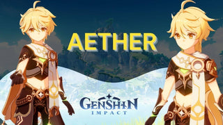 Aether from Genshin Impact cosplay with blonde hair, fantasy outfit, and sword