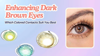 An eye wearing a patterned lens beside green, blue, and hazel contacts for dark brown eyes.