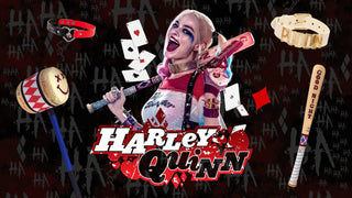 Harley Quinn cosplay graphic with a mallet, baseball bat, chokers, and playing cards.