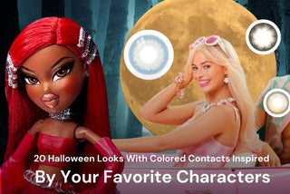 A Bratz doll and Barbie beside blue, dark, and light brown colored contacts before a full moon.