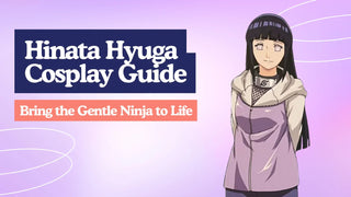 Hinata Hyuga cosplay guide graphic featuring an anime illustration of Hinata in her purple jacket.