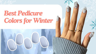 Winter pedicure colors banner with light blue nail swatches and a hand wearing pearl-accented light blue nails.