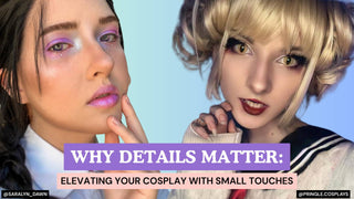 Two cosplayers highlight cosplay details with styled wigs, bold eye makeup, and vibrant contact lenses.