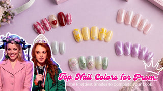 prom nail color ideas 2026 — soft pink, chrome, red, pearl and jewel tone press-on nails flatlay
