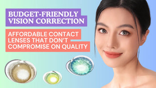 Smiling woman wearing gray lenses beside hazel, green, and blue colored contacts.