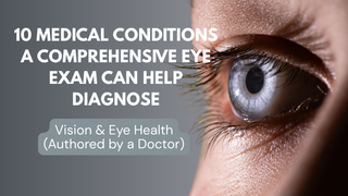 Close-up of a human eye with text on 10 medical conditions a comprehensive eye exam can help diagnose.