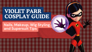 Violet Parr cosplay guide banner featuring Violet in her red supersuit with a purple force field.