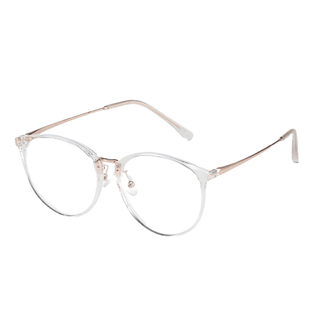 angled photo of Infinity Oversized Oval in iced crystal color prescription eyeglasses, available in blue light blocking lenses and in readers with magnification, from EyeCandys