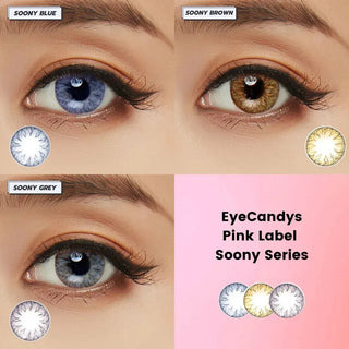 Variety of EyeCandys Soony Brown, blue, and brown contact lenses displayed on different eyes alongside understated eye makeup.
