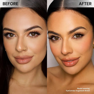 Model face before and after wearing EyeCandys Sugarlook Brown prescription color contacts for soft, natural-looking brown eyes.