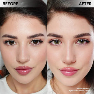 Model face before and after wearing EyeCandys Shade Green prescription color contacts for vibrant, natural-looking green eyes