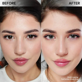Side-by-side close-up of a woman’s face; left image with her natural brown eyes, right image shows the transformation with EyeCandys Shade Grey contact lenses. Makeup and hairstyle stay consistent to highlight the change by EyeCandys.