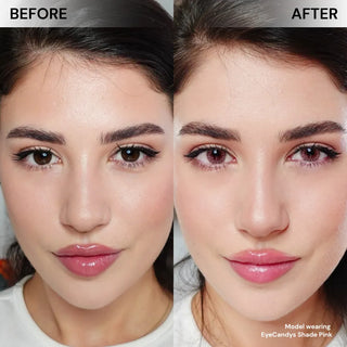 EyeCandys Shade Pink prescription colored contact lenses before-and-after on model’s face, creating a soft yet realistic pink eye effect