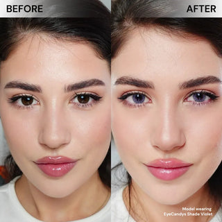 Model face before and after wearing EyeCandys Shade Violet prescription color contacts for bright, natural-looking violet eyes