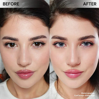 Model face before and after wearing EyeCandys Shade Blue prescription color contacts for bright, natural-looking blue eyes