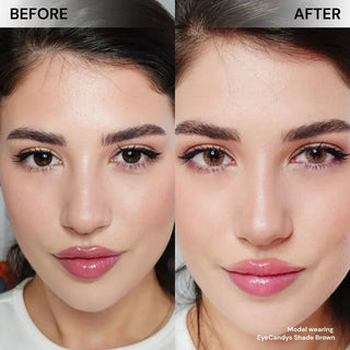 Model face before and after wearing EyeCandys Shade Brown prescription color contacts for soft, natural-looking brown eyes