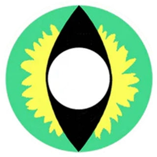 Design of vibrant green and black dragon eyes achieved with Eyecandys Cosplay Green Dragon contact lenses, ideal for creating a striking Halloween look