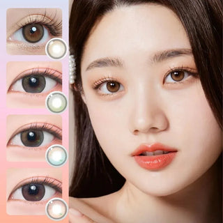 Model wearing EyeCandys prescription colored contact lens with natural eye color effect, shown alongside close-up shots of different colored contact lenses and unique lens designs for cosmetic and prescription use.