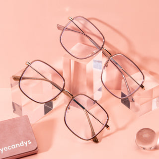 Mystic Oversized Square prescription eyeglasses, available in blue light blocking lenses and in readers with magnification, from EyeCandys. Each pair of glasses comes with a branded glasses case (pictured).