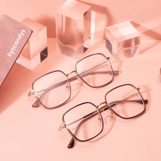 Mystic Oversized Square prescription glasses, available in blue light blocking lenses and in readers with magnification, from EyeCandys. Each pair of glasses comes with a branded glasses case (pictured).