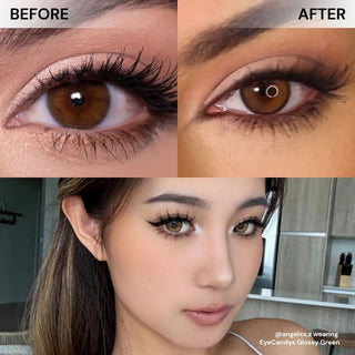 Split image shows a close-up eye before and after wearing EyeCandys Mocha Mousse Bundle (5 Pairs) brown contacts. Below, a woman with greenish-hazel eyes, makeup, long lashes sits in a modern room. Images are labeled "Before" and "After.