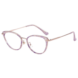 A pair of EyeCandys Aura Cat Eye eyeglasses featuring a translucent purple cat-eye design and thin gold metal arms, displayed on a white background.