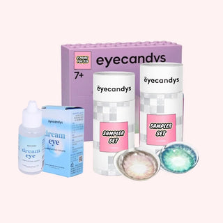 EyeCandys sampler set box with Dream eye drops and macro shot of prescription colored contact lenses – try premium color contact lenses for comfort and style.