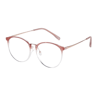 angled photo of Infinity Oversized Oval in crystal rose color prescription eyeglasses, available in blue light blocking lenses and in readers with magnification, from EyeCandys
