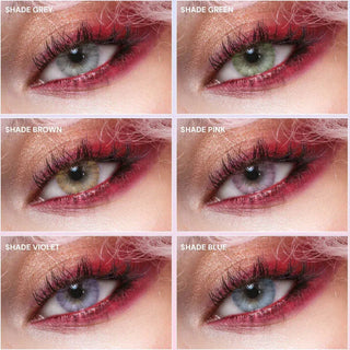 Six close-up photos of dark eyes with dramatic pink makeup, each featuring a different contact lens shade—grey, green, brown, pink, violet, blue—including the stunning EyeCandys Shade Pink from EyeCandys.