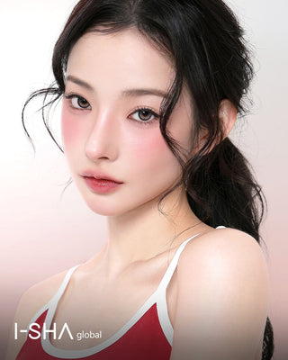 Model wearing i-SHA Reborn Red 1-Day Rosy Cream (10pk) colored contact lenses from EyeCandys