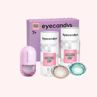 EyeCandys sampler set box with Pill-Shaped Contact Lens Case Kit and macro shot of prescription colored contact lenses – stylish and convenient color contact lenses storage and trial set.