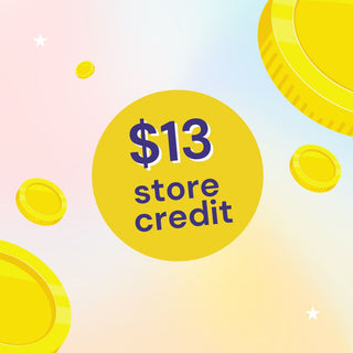 A yellow circle with bold text "$13 store credit" in the center, surrounded by large and small gold coins on a pastel gradient background.