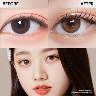 Before and after comparison of eyes wearing EyeCandys Olola Purity Shine Hazel contact lens, with model face shot below. Natural hazel cosmetic and prescription color contacts for eye transformation