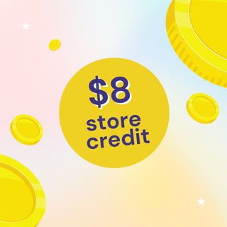Yellow circular graphic with “$8 store credit” in bold purple letters, surrounded by large and small golden coins on a pastel gradient background.