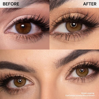 Close-up before-and-after comparison of a brown eye with and without EyeCandys Mocha Mousse Bundle (5 Pairs) prescription colored contacts, showing enhanced iris color and a subtle change in appearance.