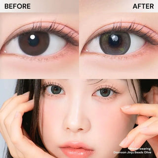 Before and after eye comparison with EyeCandys Doonoon Jinju Beads Olive contact lens, with model wearing the lenses below. Natural olive-green cosmetic and prescription color contacts for subtle enlargement