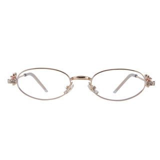 Eyecandys Marquee glasses in Rose Gold – sleek wide-fit geometric eyewear made from lightweight metal. Customizable with prescription lenses, Zeiss HMC anti-reflective coating, photochromic transition tint, or polarized sun lenses