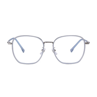 The EyeCandys Therese Oversized Square features a TR and metal frame with thin silver rims and light blue temple tips, shown front-facing on a white background—ideal for those seeking stylish, lightweight eyewear.