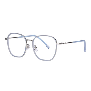 The EyeCandys Therese Oversized Square features lightweight, large square frames in light blue TR and metal. Thin metal arms with matching blue tips and clear adjustable nose pads offer comfort and style.