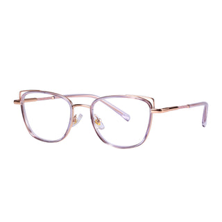 The EyeCandys Kaylee Cat Eye features thin rose gold metal frames, clear pink-tinted lenses, a modern geometric cat eye square shape, adjustable nose pads, and transparent pink temple tips for chic style.