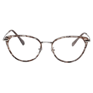 The EyeCandys Aura Cat Eye features a wide fit, rounded cat-eye shape, marbled gray-brown pattern, clear lenses, and silver metal accents on the temples and bridge, displayed against a white background.